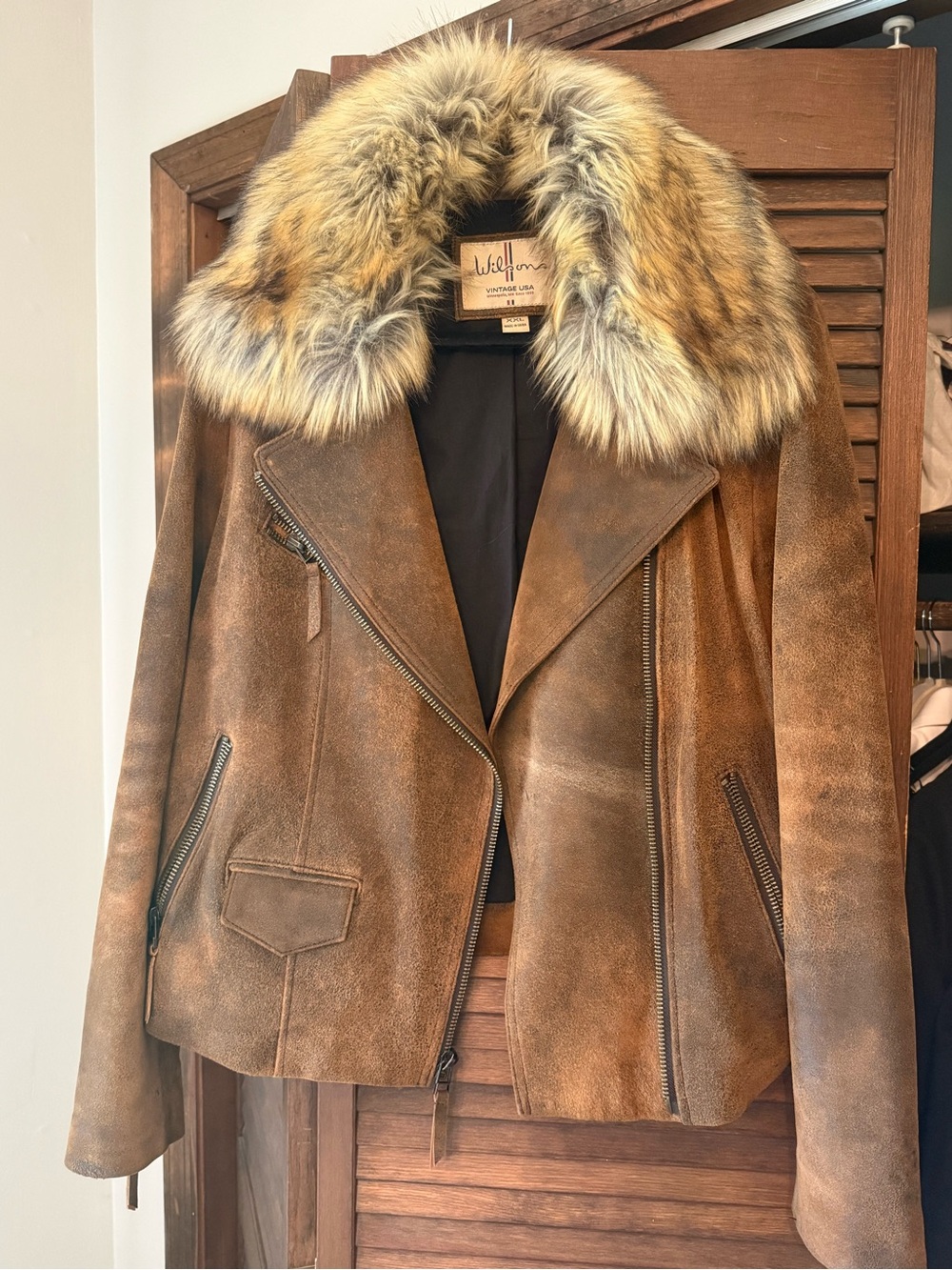 Genuine Vintage Brown Suede Leather Jacket with Fur Collar